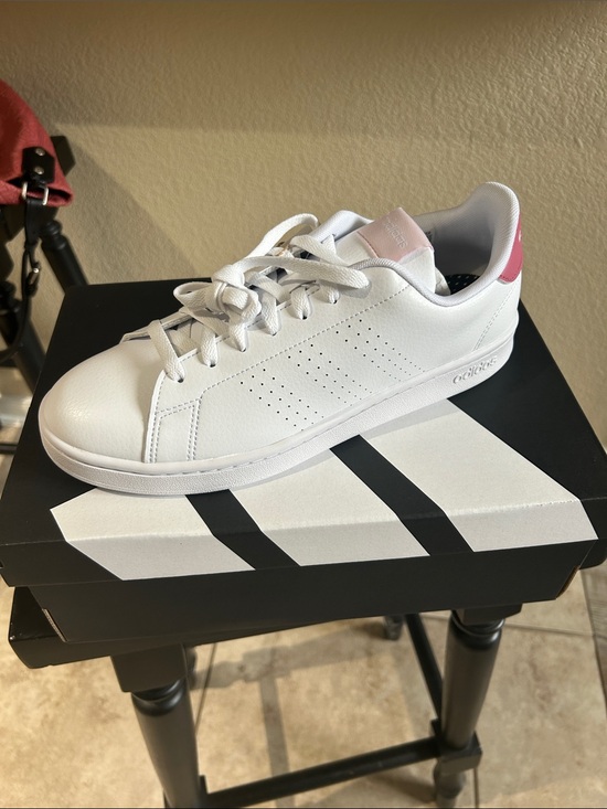 adidas Shoes - NIB adidas women’s White Leather Sneakers with Pink Heel 10.5